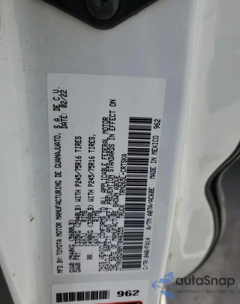 2022 Toyota Tacoma Access Cab z USA, uszkodzony, nr VIN 3TYRX5GN8NT048355